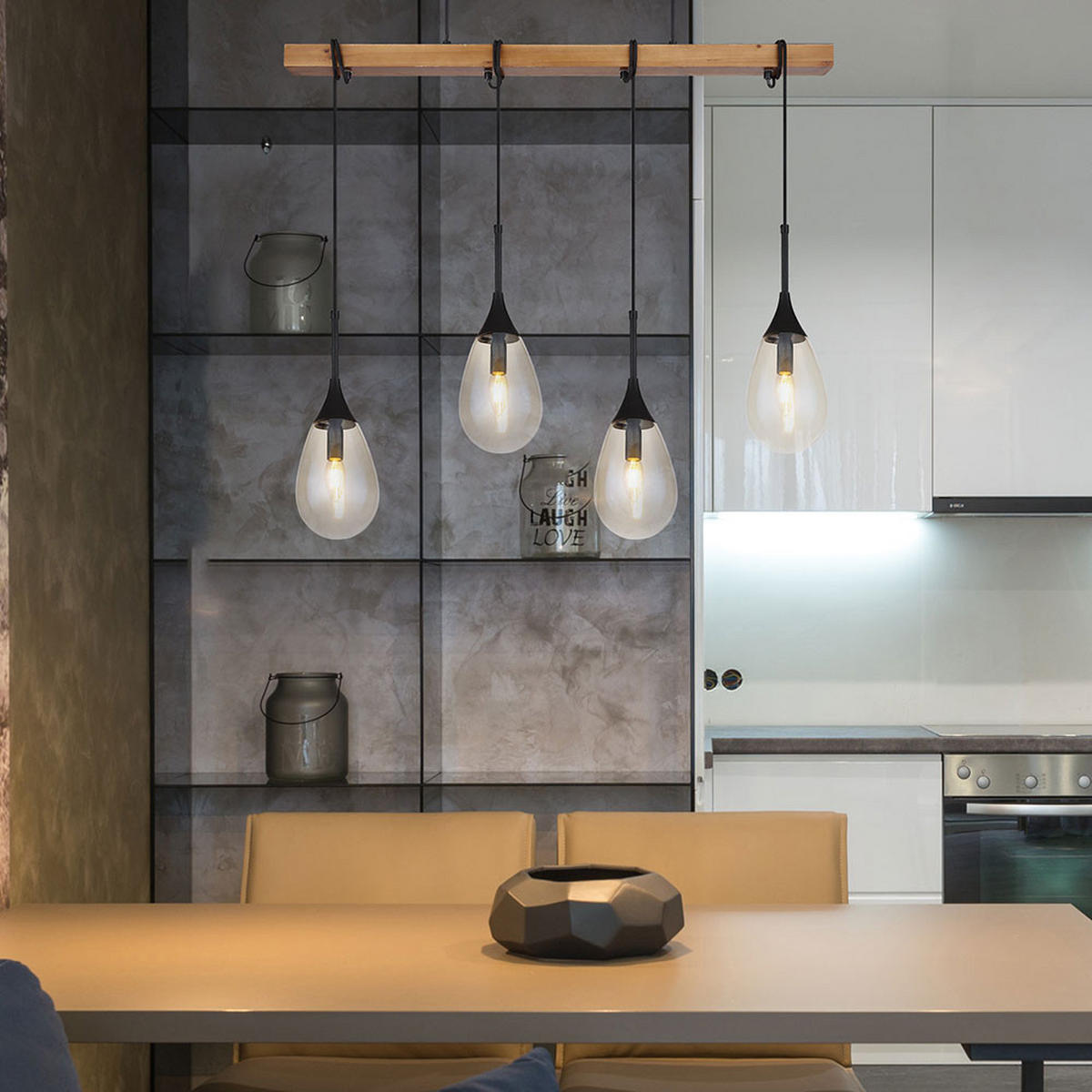 HÄNGELEUCHTE Holzoptik Schwarz 4-Flammig - Schwarz, Holz (92/12/120cm) - Globo Lighting