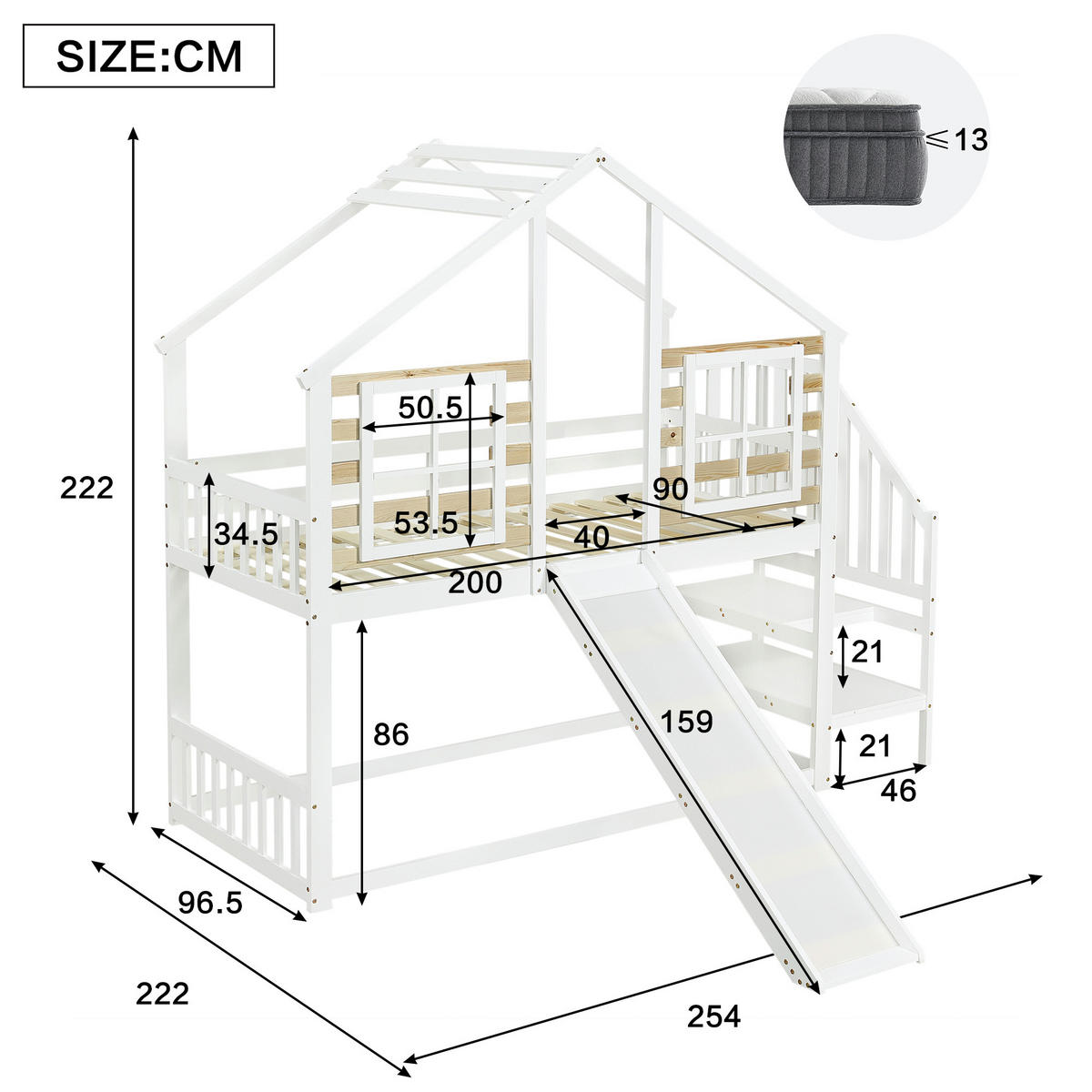 ETAGENBETT 90/200 cm Weiß Blockhaus mit Rutsche und Gitter aus Massivholz - Weiß, Holzwerkstoff (90/200cm) - OKWISH