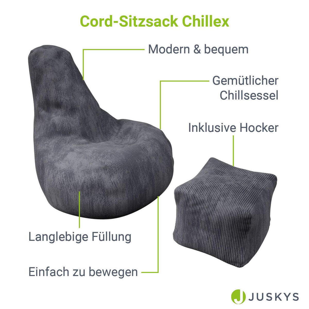 SITZSACK Chillex mit Hocker XL Cord dunkelgrau - Dunkelgrau, Textil (83/103/78cm) - Juskys