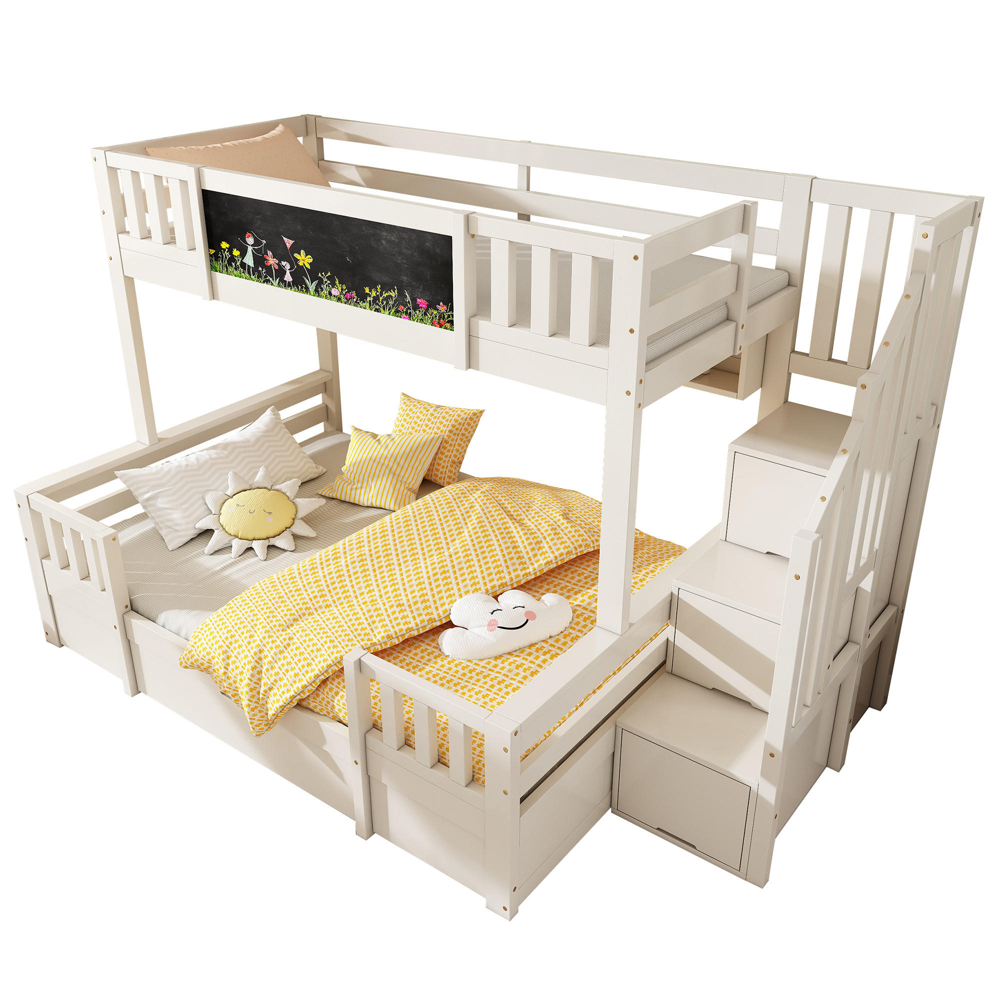 STILVORA ETAGENBETT 90/200 cm & 140/200 cm in Weiß mit Schubladen, Stauraumtreppe und Kreidetafel
