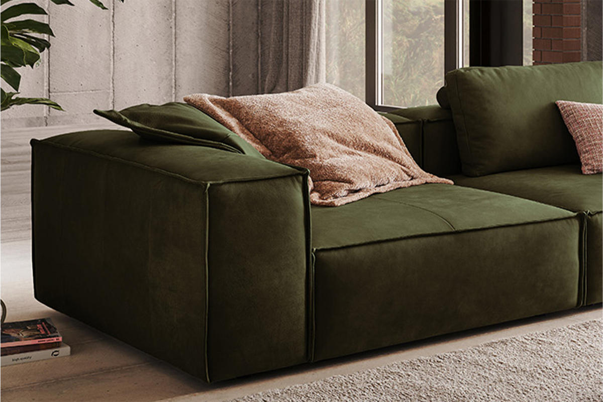 SOFA CARMO Grün Leder - Schwarz/Olivgrün, Leder/Kunststoff (266/68/118cm) - KAWOLA