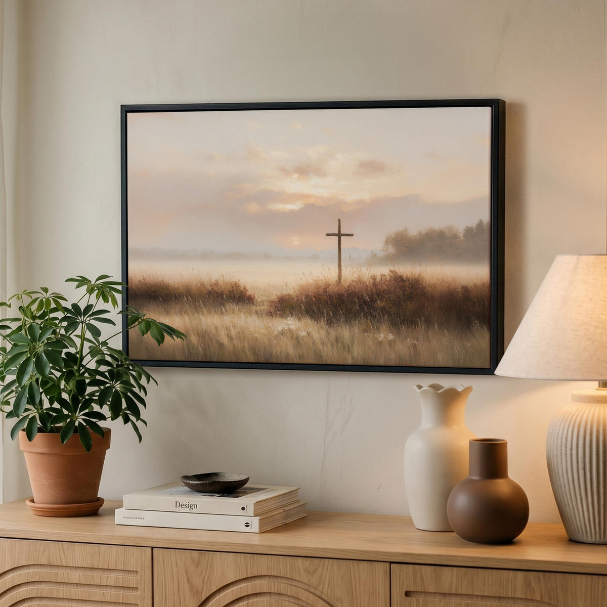 LEINWAND Bilder mit Rahmen - Gras - Morgennebel - Kreuz - Christentum - 60x40 - Beige, Textil (60/40cm) - MuchoWow
