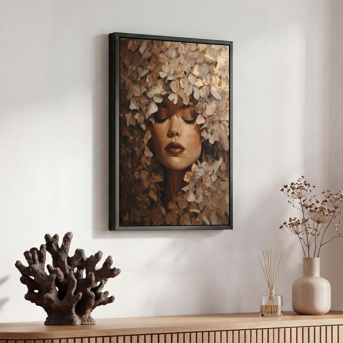 LEINWAND Bilder mit Rahmen - Gesicht - Dame - Blätter - Pinselstriche - 30x40 - Goldfarben, Textil (30/40cm) - MuchoWow