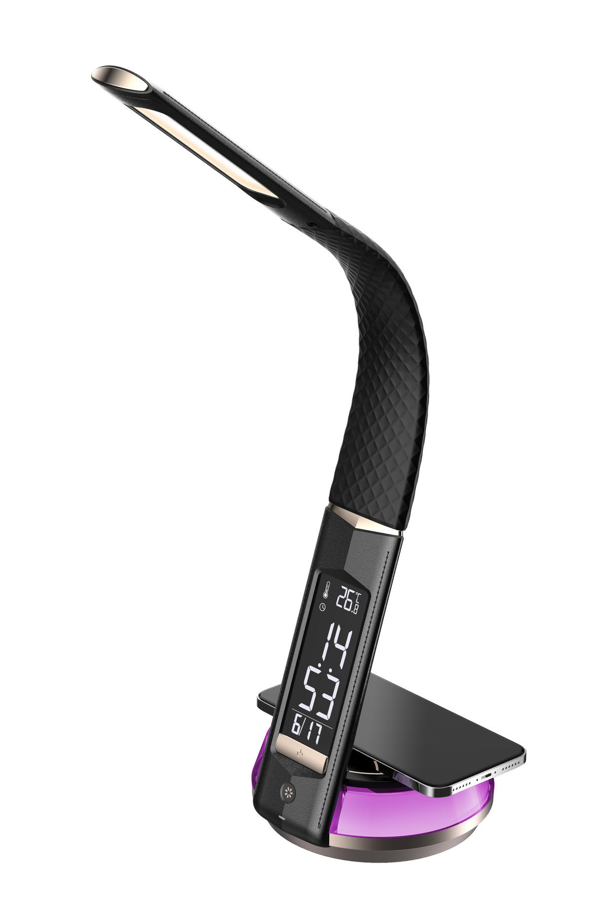 LED-SCHREIBTISCHLAMPE - mit QI-Ladestation, Touch-Dimmer und integrierter Uhr für angenehme Beleuchtung, Schwarz - Schwarz, Kunststoff (13.7/13.7/54.5cm) - Northpoint