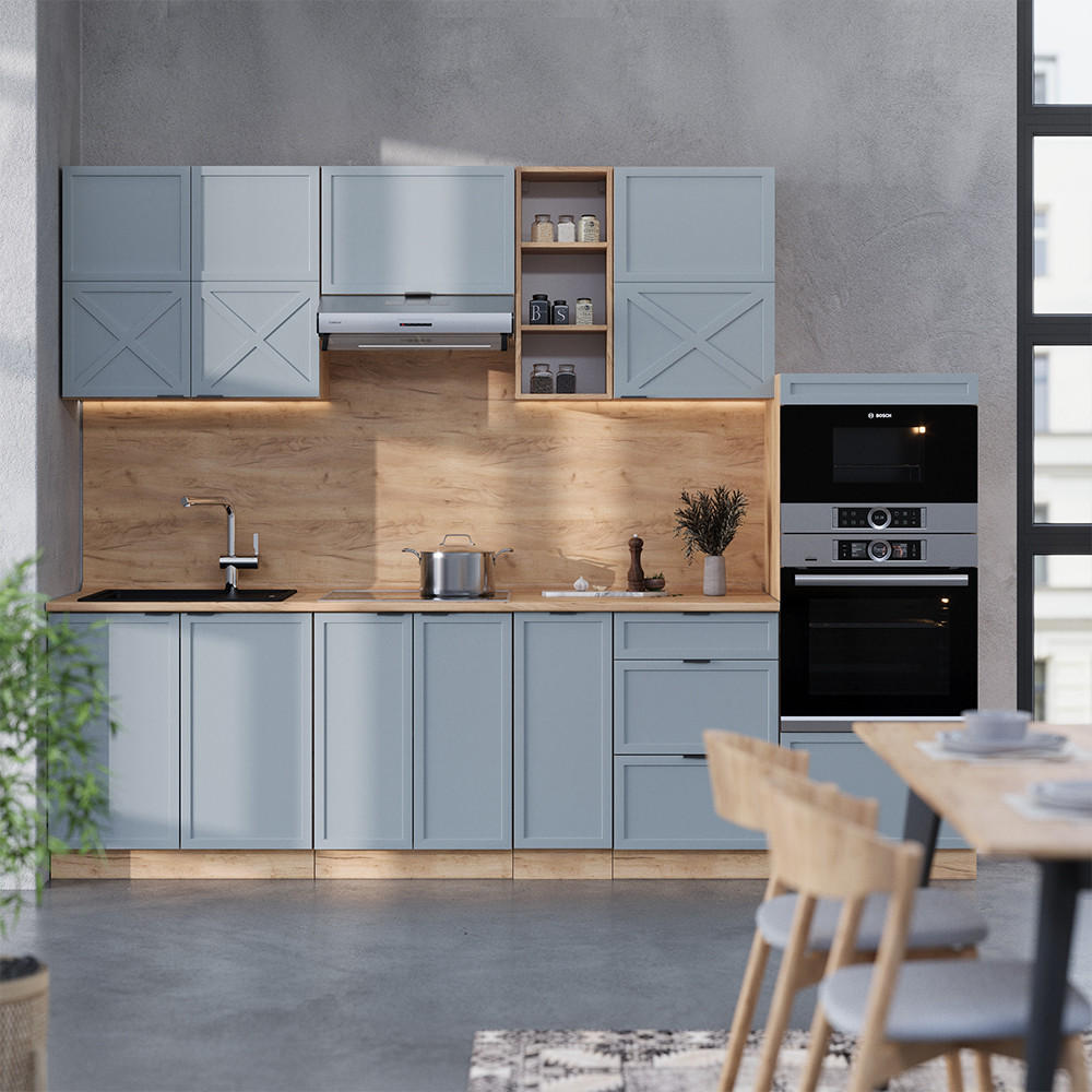 KÜCHENZEILE Fame-Line Hellblau-grau/Goldkraft Eiche 280 cm ohne AP - Honigeiche/Blaugrau, Holzwerkstoff (280/81.6/46cm) - Vicco