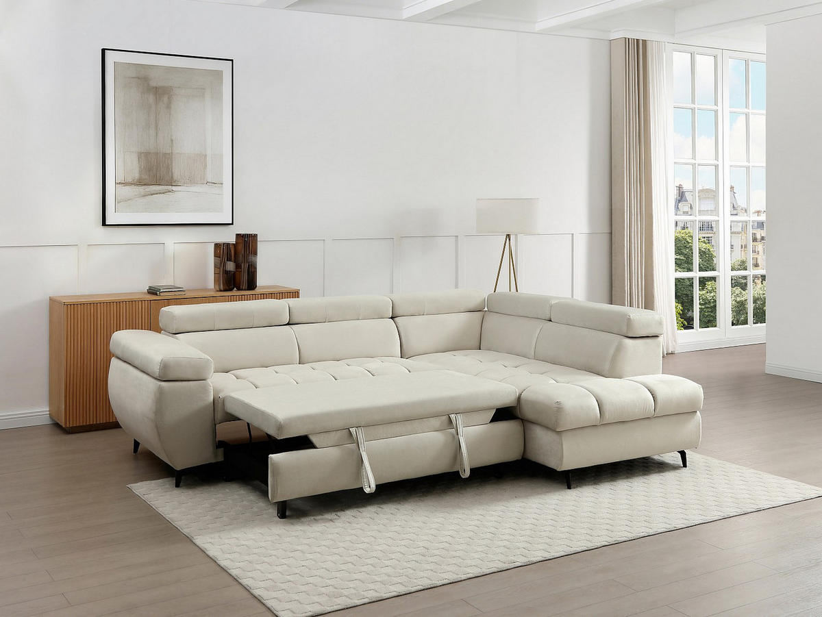 SCHLAFSOFA - 5 Personen - Samt - Beige - - Beige, Textil (274/80/204cm) - Vente-Unique