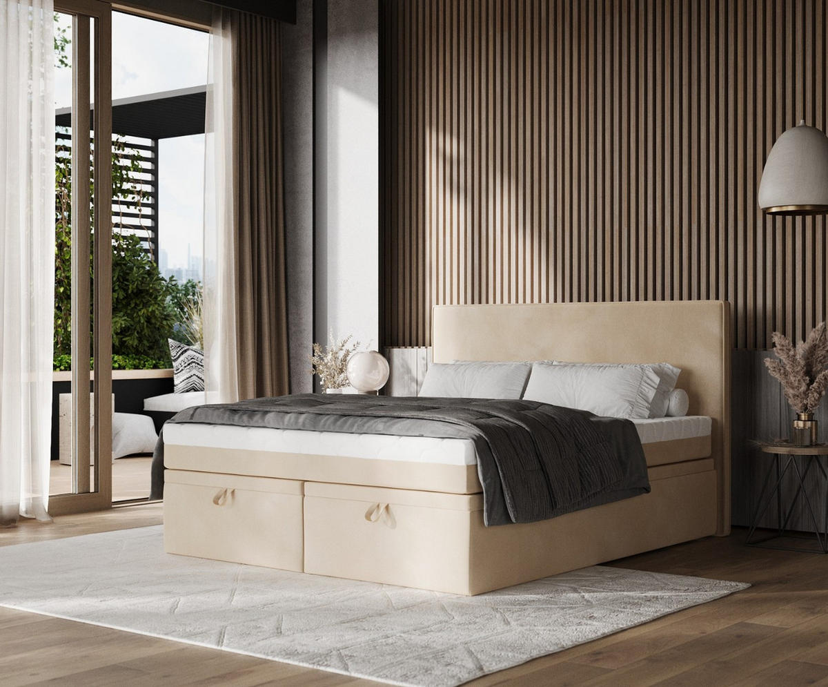 BOXBETT Zalla 140/200 cm Beige im Kronos Stoff - Beige/Schwarz, Holz/Holzwerkstoff (140/200cm) - AltaBeds