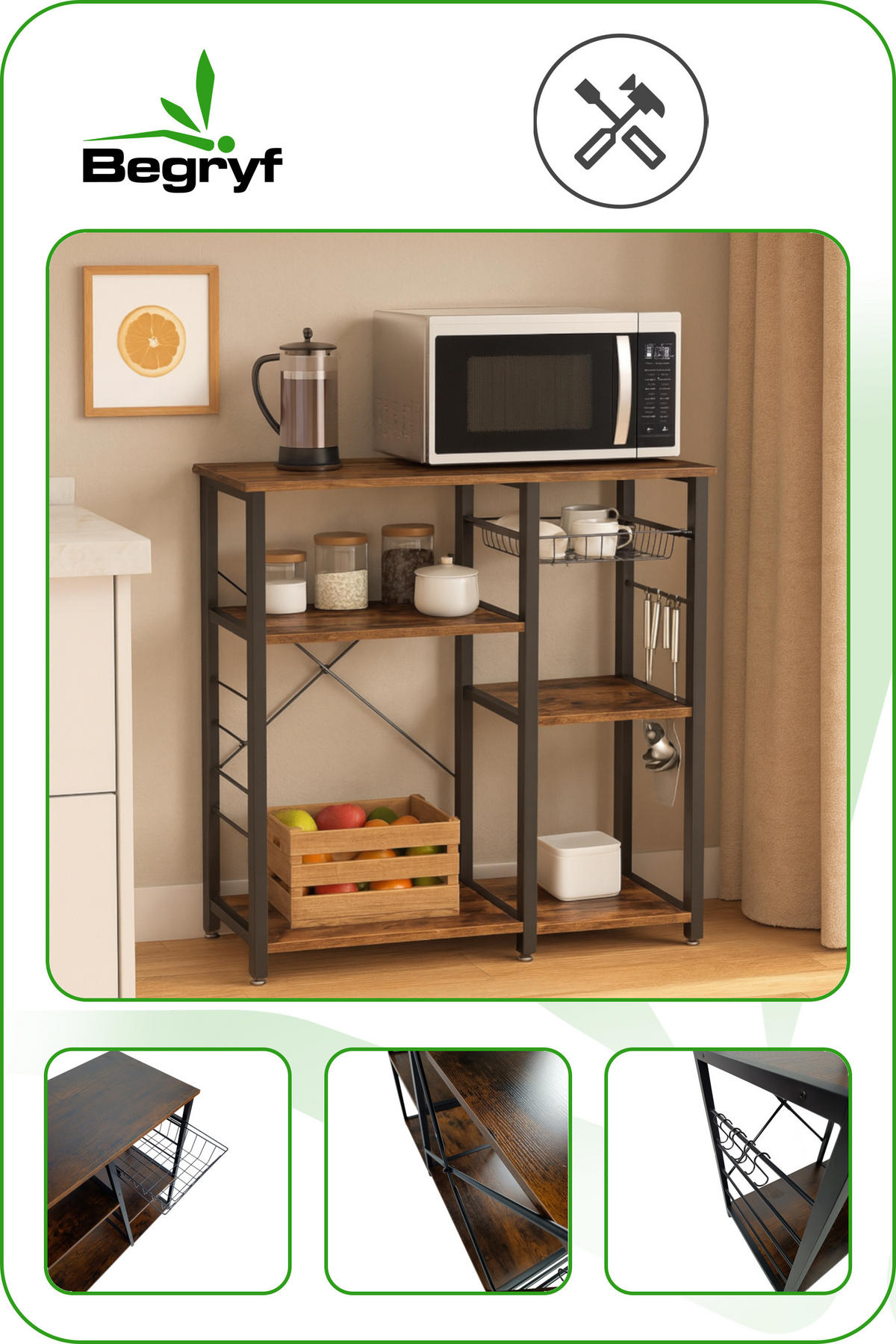 KÜCHENREGAL Holzoptik Metall Dunkelbraun Schwarz mit Haken & Korb 90x40x84 cm - Dunkelbraun/Schwarz, Holzwerkstoff/Metall (90/84/40cm) - Begryf