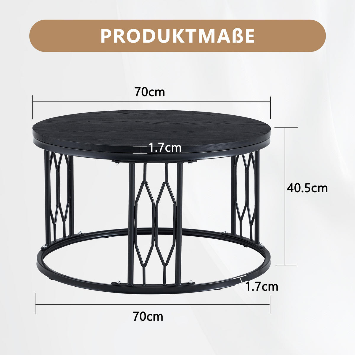 COUCHTISCH DE-37365 rund mit Holzoptik Schwarz - Schwarz, Metall (70/70/40.5cm) - ComfortXL
