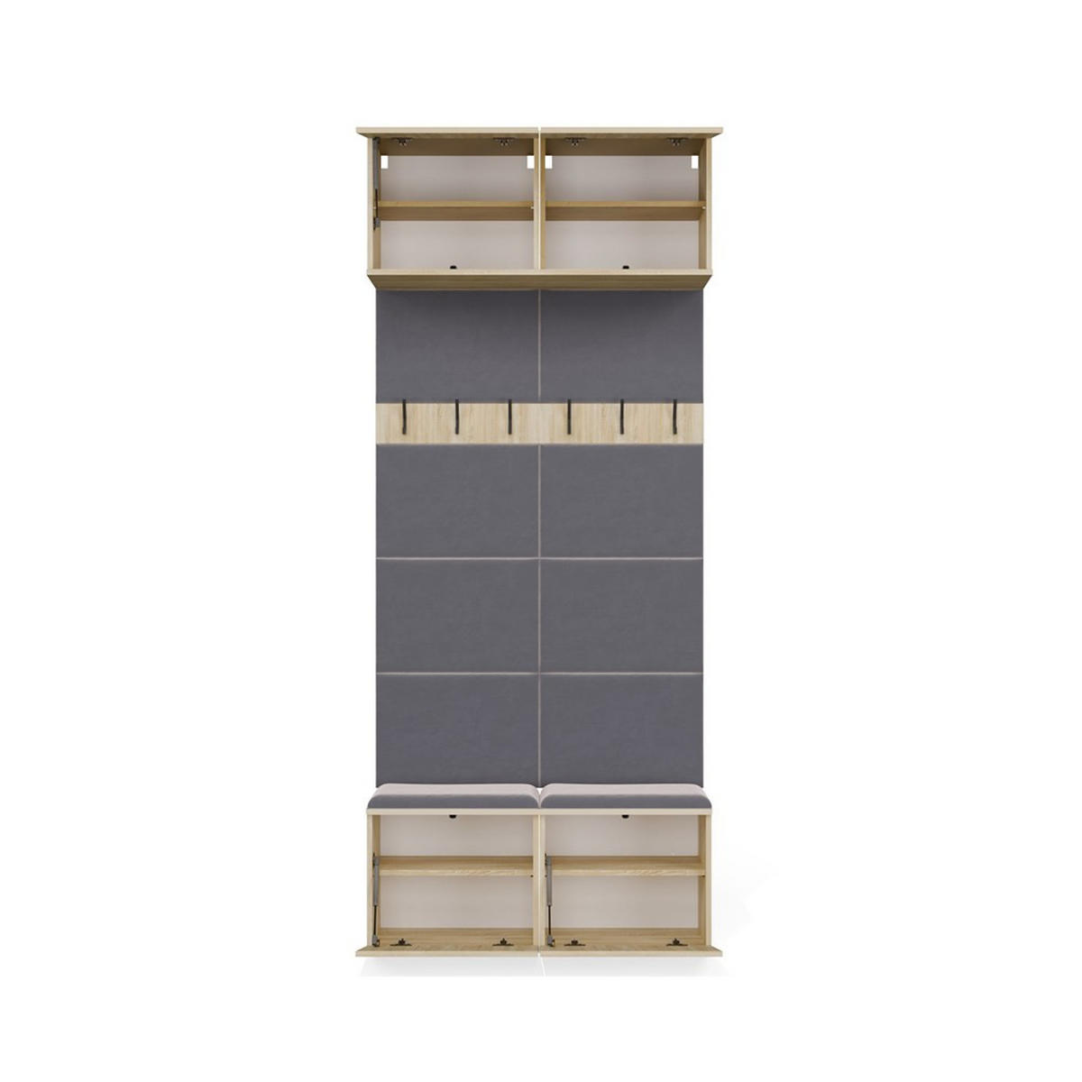 GARDEROBĂ – cuier de hol cu bancă, cârlige și dulapuri superioare, stejar Sonoma 100/238/35 - stejar Sonoma/gri, compozit lemnos (100/238/35cm) - RAUMHIRSCH FURNITURE