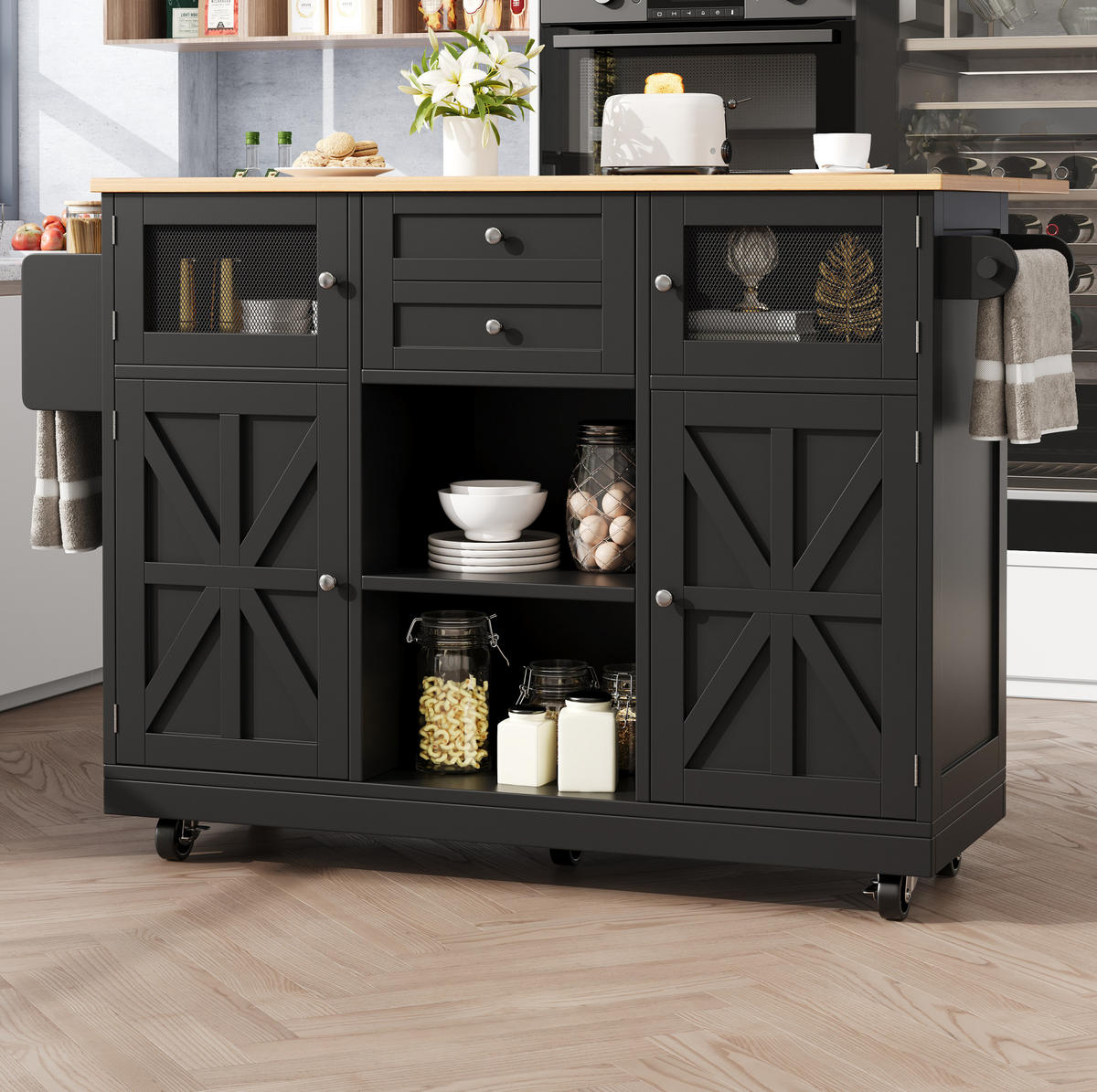 KÜCHENINSEL 140/70/93,5 cm Schwarz aus MDF und Metall mit klappbarer Tischplatte - Schwarz, Holzwerkstoff (40/93.5/140cm) - OKMYHOME
