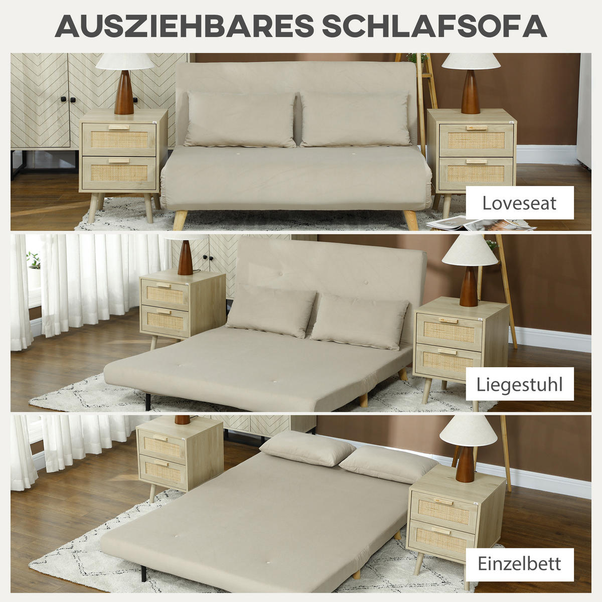 SCHLAFSOFA Sofa mit Schlaffunktion 130 X 78 cm Couch mit Lendenkissen, Beige - Beige/Naturfarben, Holz/Textil (78/79/130cm) - HOMCOM