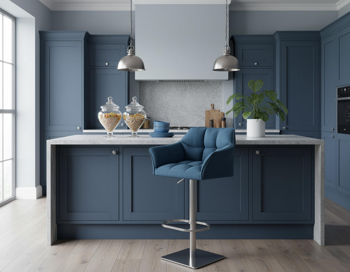 BARHOCKER 2er Set Damaskus Stoff edelstahl blau - Blau/Edelstahlfarben, Textil/Metall (64/110/48cm) - TPFLiving