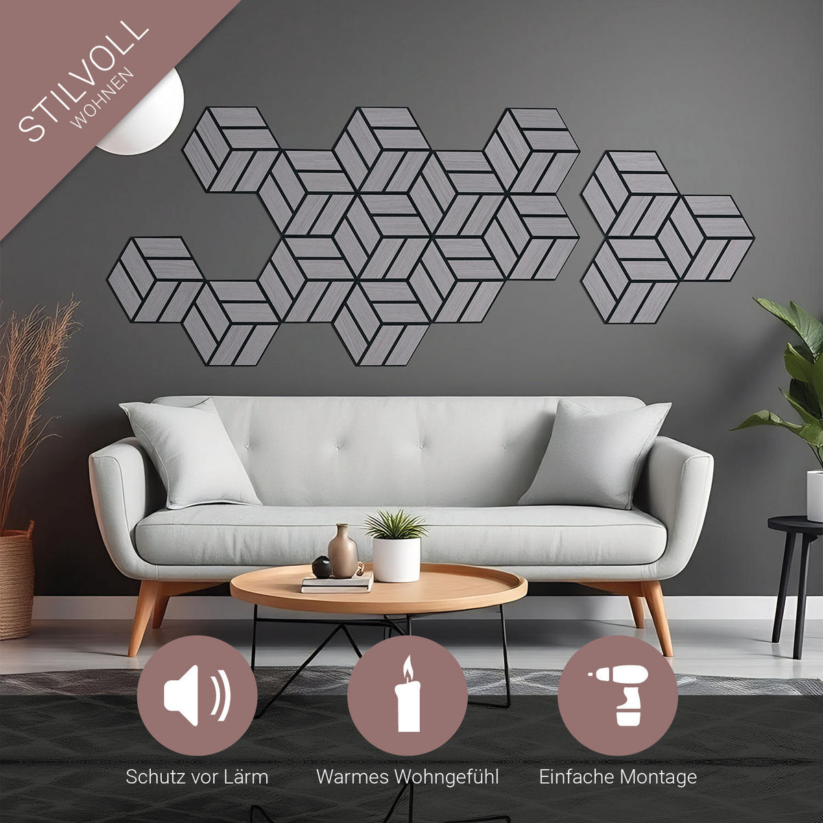 AKUSTIKPANEEL Hexagon Grau 12 Stück - Grau, Holz (30/26/2cm) - Homestyle4u