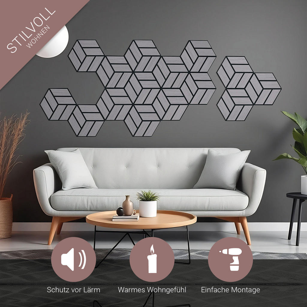 Thumbnail - Homestyle4u Akustikpaneel, Grau, Holz, Sechseckig, 30x26x2 cm, Tapeten & Wandverkleidungen, Akustikpaneele