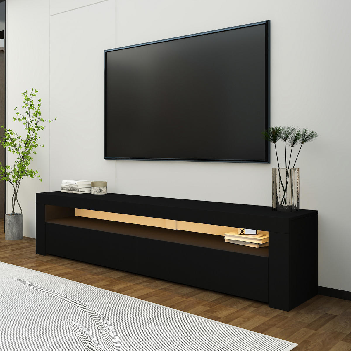TV Lowboard Bati Schwarz mit LED-Beleuchtung 92406 - Schwarz/Weiß, Holzwerkstoff (150/47/37cm) - moebel17
