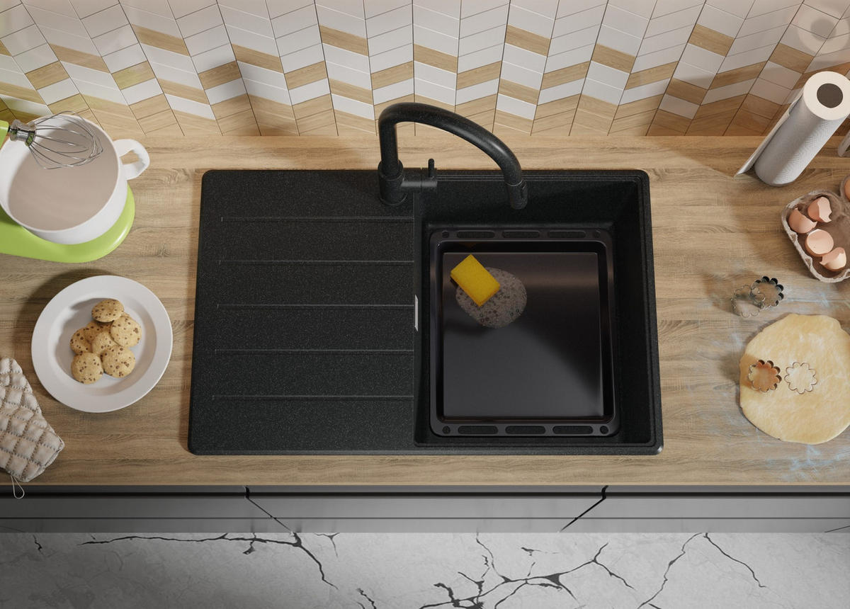 SPÜLBECKEN Kopenhagen, 2-er set Anthrazit 78/50 cm 1 Becken + Ablauf-Set + Schneidebrett ab 50er Unterschrank - Chromfarben/Anthrazit, Kunststoff (78/20/50cm) - Primagran