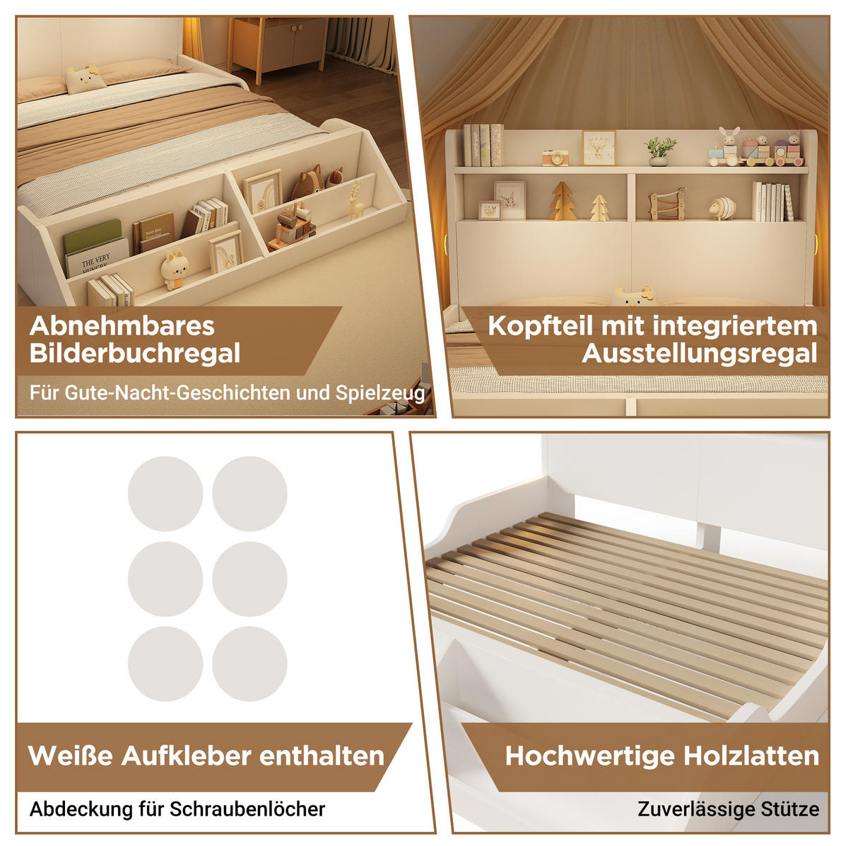 KINDERBETT aus Holz 140 x 200 cm in Weiß mit Nachtlichtern & Bücherregal - Weiß, Holz (140/200cm) - Modfu