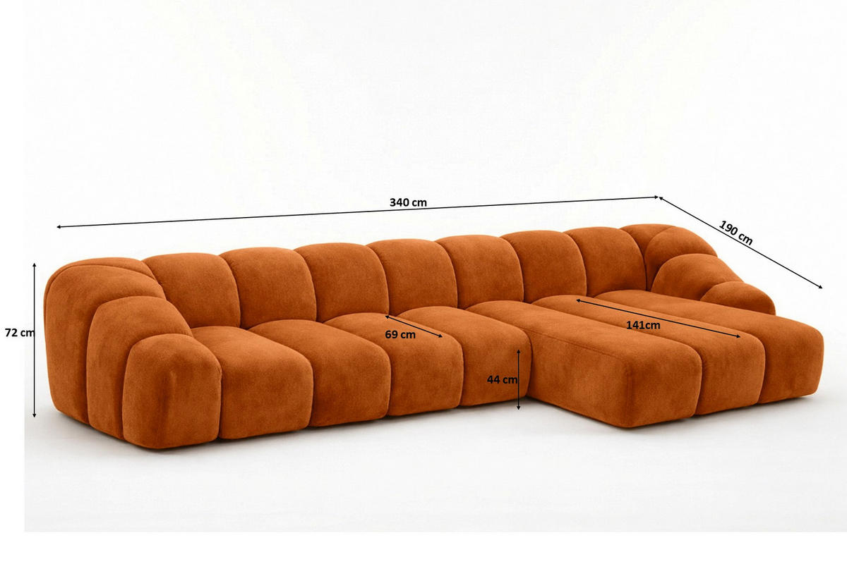 ECKSOFA Modulare L-Form, Veloursstoff Bluvel, Zimtfarbe, Rechts, CROISSANT XL - Orange, Holz (340/190cm) - Kaiser Möbel