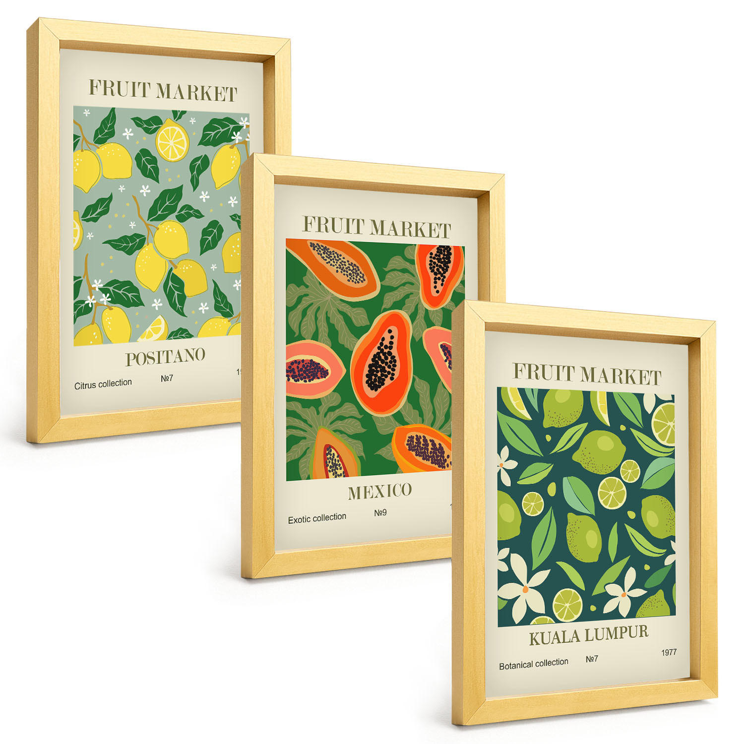 BILDER SET 3er Set - 20x30 cm Goldrahmen - Fruchtige Zitronen- und Papayamuster - Goldfarben, Kunststoff (20/30cm) - TULUP