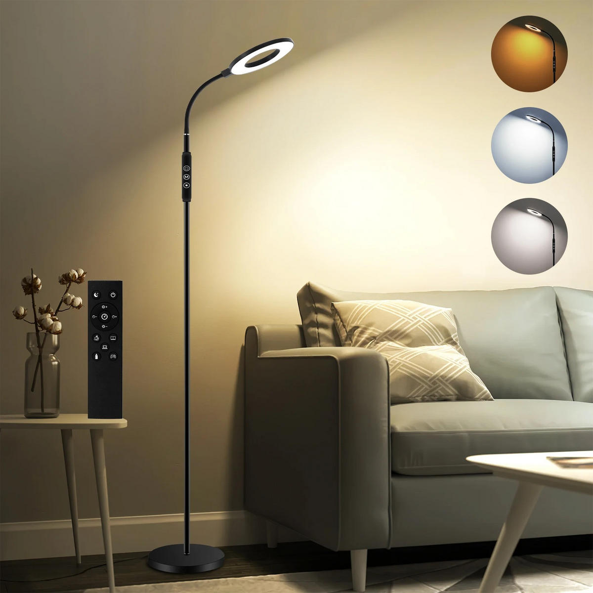 STEHLEUCHTE Dimmbar 1800–6000K 360° Drehbar Nachtlichtfunktion Speicherfunktion 1 Stück - Schwarz, Metall (15/15/169cm) - Kaket