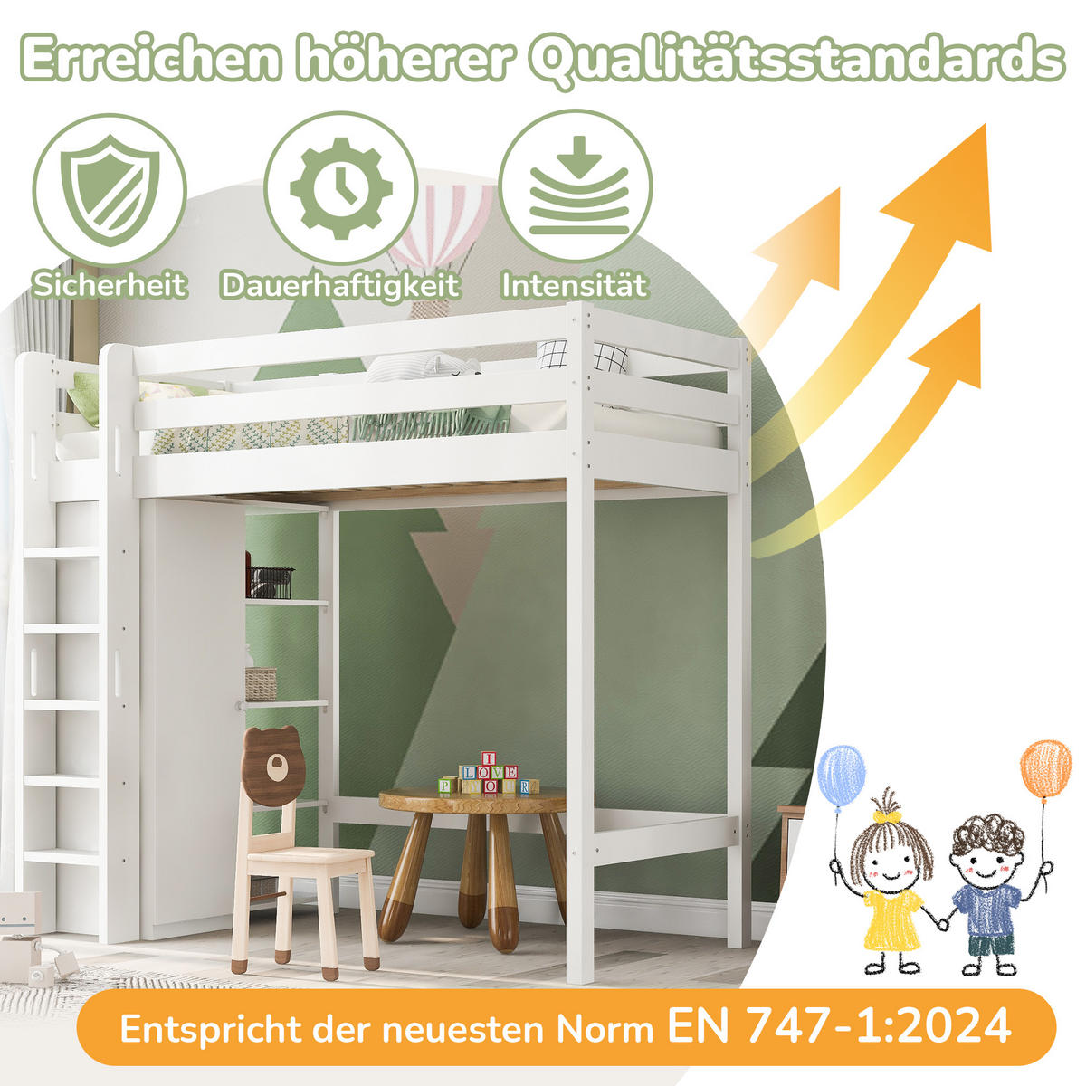 HOCHBETT 90/200 cm mit Kleiderschrank, 6 Regalen und flexibler Montage aus Massivholz und Spanplatte, Weiß - Weiß, Holzwerkstoff - Redom