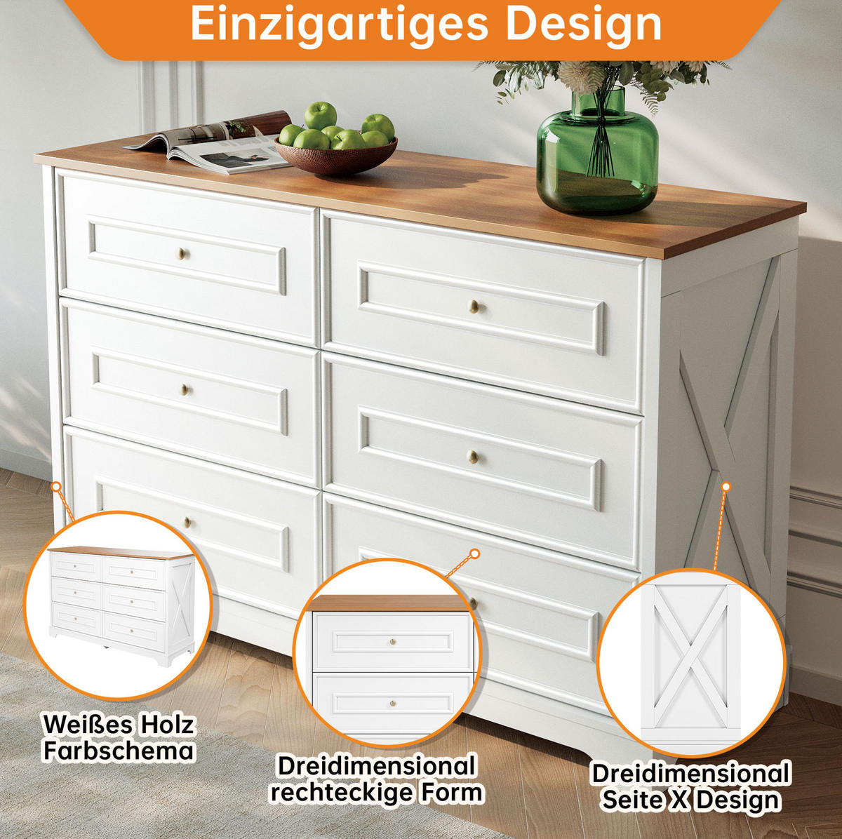 SIDEBOARD 120/40/76 cm in Weiß/Natur mit 6 Schubladen im Landhausstil - Weiß, Holzwerkstoff (120/76/40cm) - Flora Grace