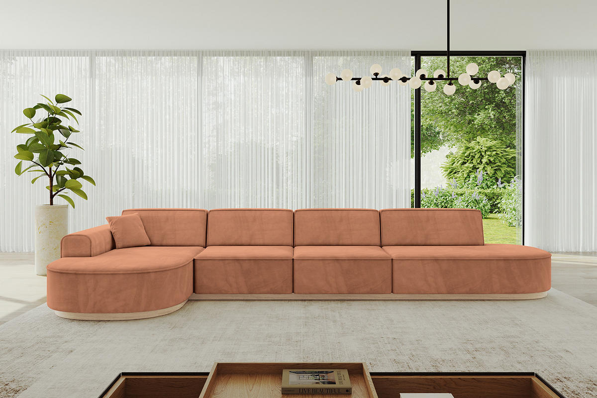 ECKSOFA Ottomane Links MARI-L3-v1 - 413x171x83 cm Orange Velours - Orange, Holzwerkstoff/Textil (413/171cm) - ALTDECOR
