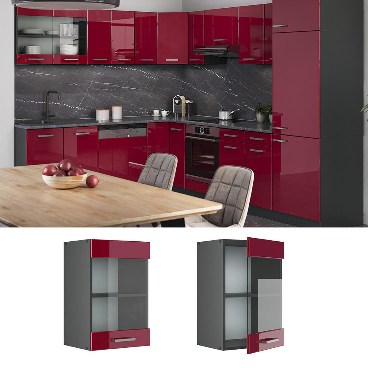 KÜCHENGLASSCHRANK R-Line Rot Hochglanz 40 cm - Bordeaux/Anthrazit, Holzwerkstoff (40/60/31cm) - Vicco