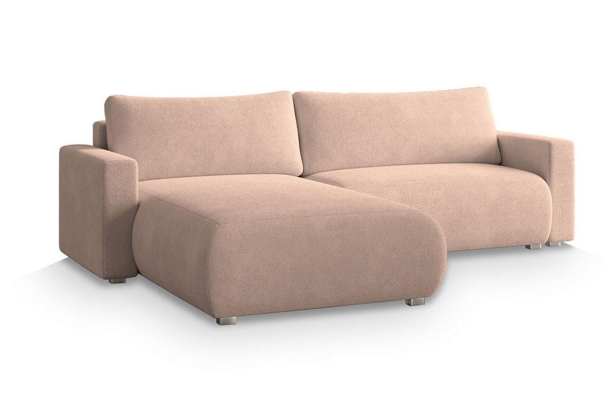 ECKSOFA TURIN N Rosa Bucle-Stoff mit Schlaffunktion - Rosa, Holz (265/183cm) - MASSENO