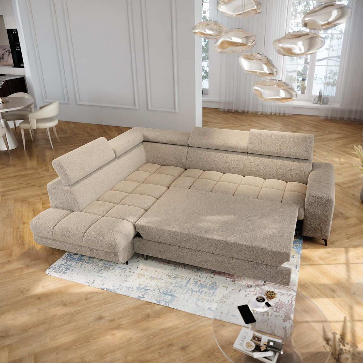 ECKSOFA MORIVA Q L-S Beige Boucle-Stoff mit Schlaffunktion - Beige, Holzwerkstoff/Textil (253/190cm) - MASSENO