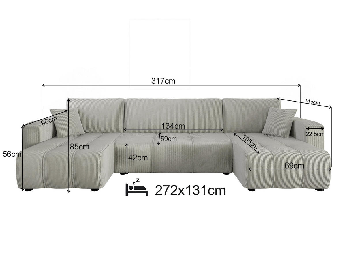 WOHNLANDSCHAFT Aice U-Form 317 cm – mit Schlaffunktion, Bettkasten, Kissen & bequemer Wellenfederung - Blau, Kunststoff (317/85/146cm) - Wohnideebilder