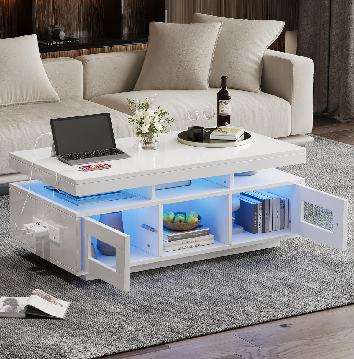 COUCHTISCH 100/50/43 cm in Weiß Hochglanz mit LED-Beleuchtung und Steckdose - Weiß, Holzwerkstoff (100/50/43cm) - Flora Grace