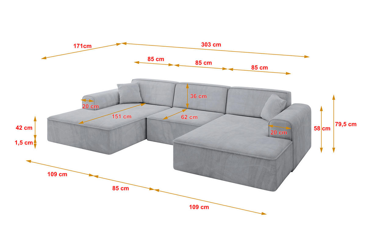 WOHNLANDSCHAFT IREA-U1-v3 - 303x171x79 cm Grau - Titanfarben, Holzwerkstoff/Textil (303/79/171cm) - ALTDECOR
