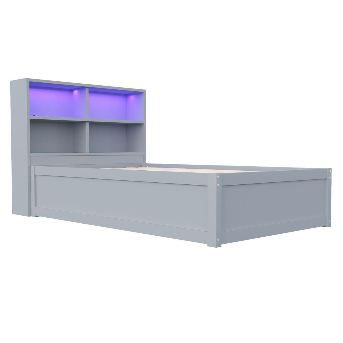 POSTEĽ 90/200 cm sivé s LED osvetlením, zásuvkou a úložným priestorom z borovicového dreva - sivá, drevo (90/200cm) - OKWISH