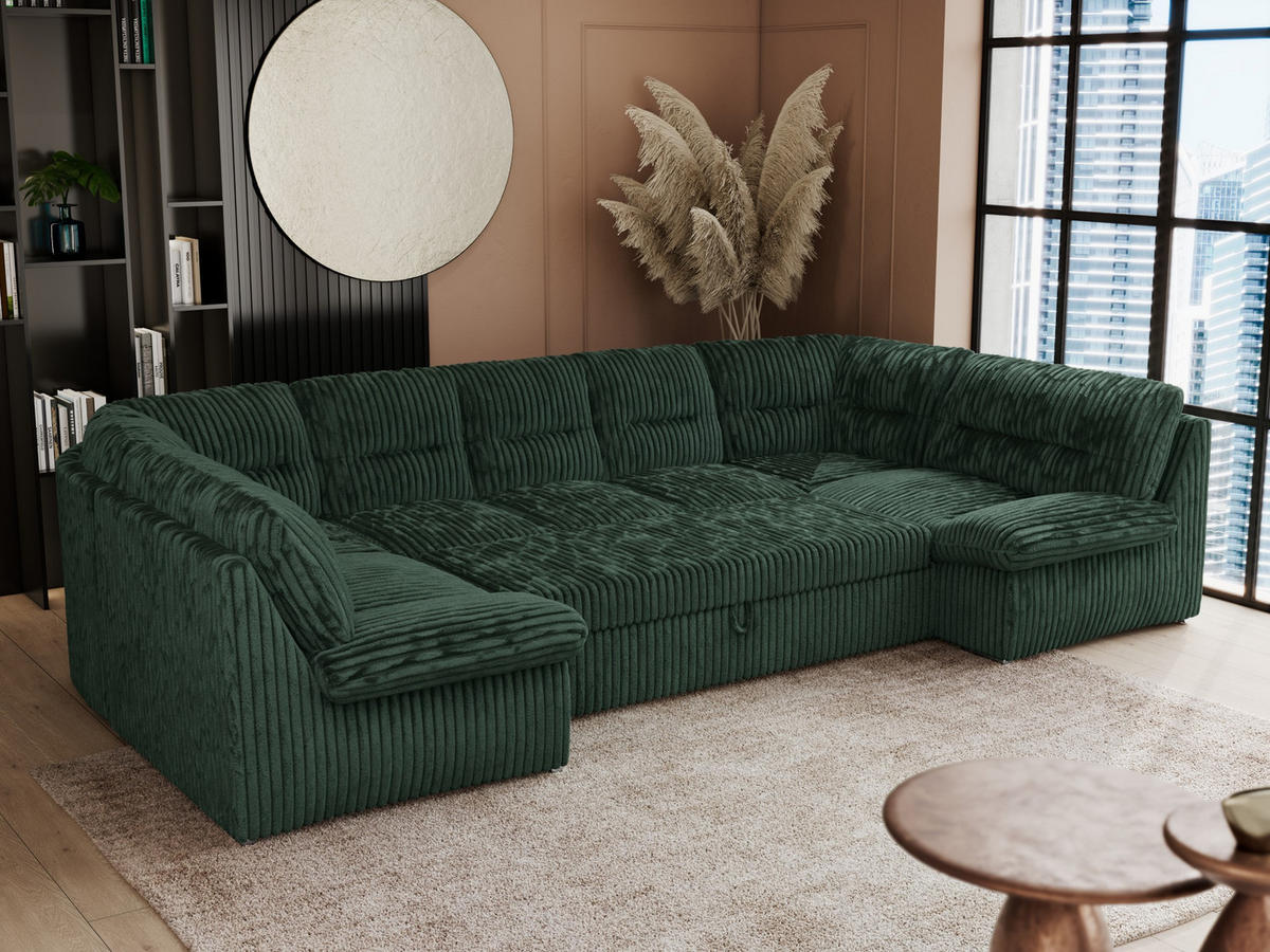 WOHNLANDSCHAFT COMODO U Grün Cord - Silberfarben/Grün, Textil/Metall (340/93/206cm) - MKS