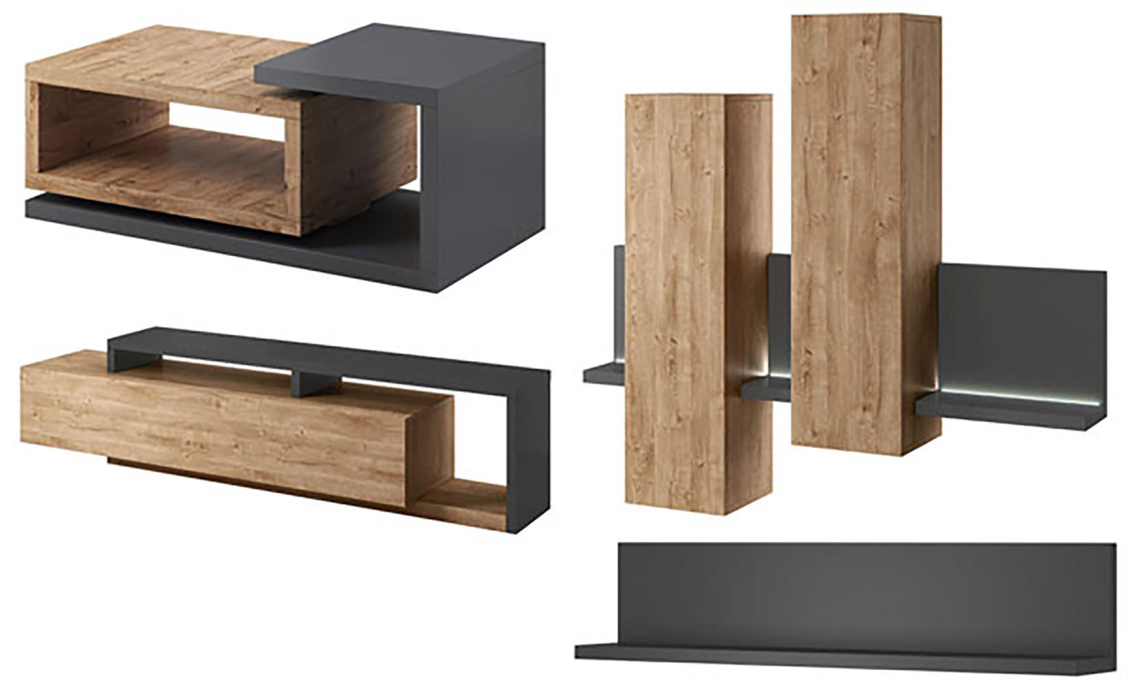 WOHNZIMMER-SET Bota anthrazit / ribbeck eiche 641x60x142cm - Anthrazit/Braun, Holz/Holzwerkstoff (641/142/60cm) - Feldmann-Wohnen