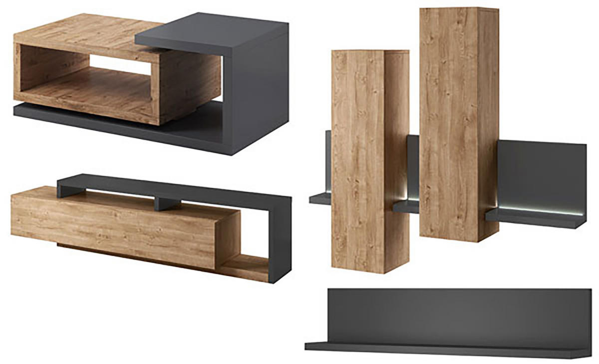WOHNZIMMER-SET Bota anthrazit / ribbeck eiche 641x60x142cm - Anthrazit/Braun, Holz/Holzwerkstoff (641/142/60cm) - Feldmann-Wohnen