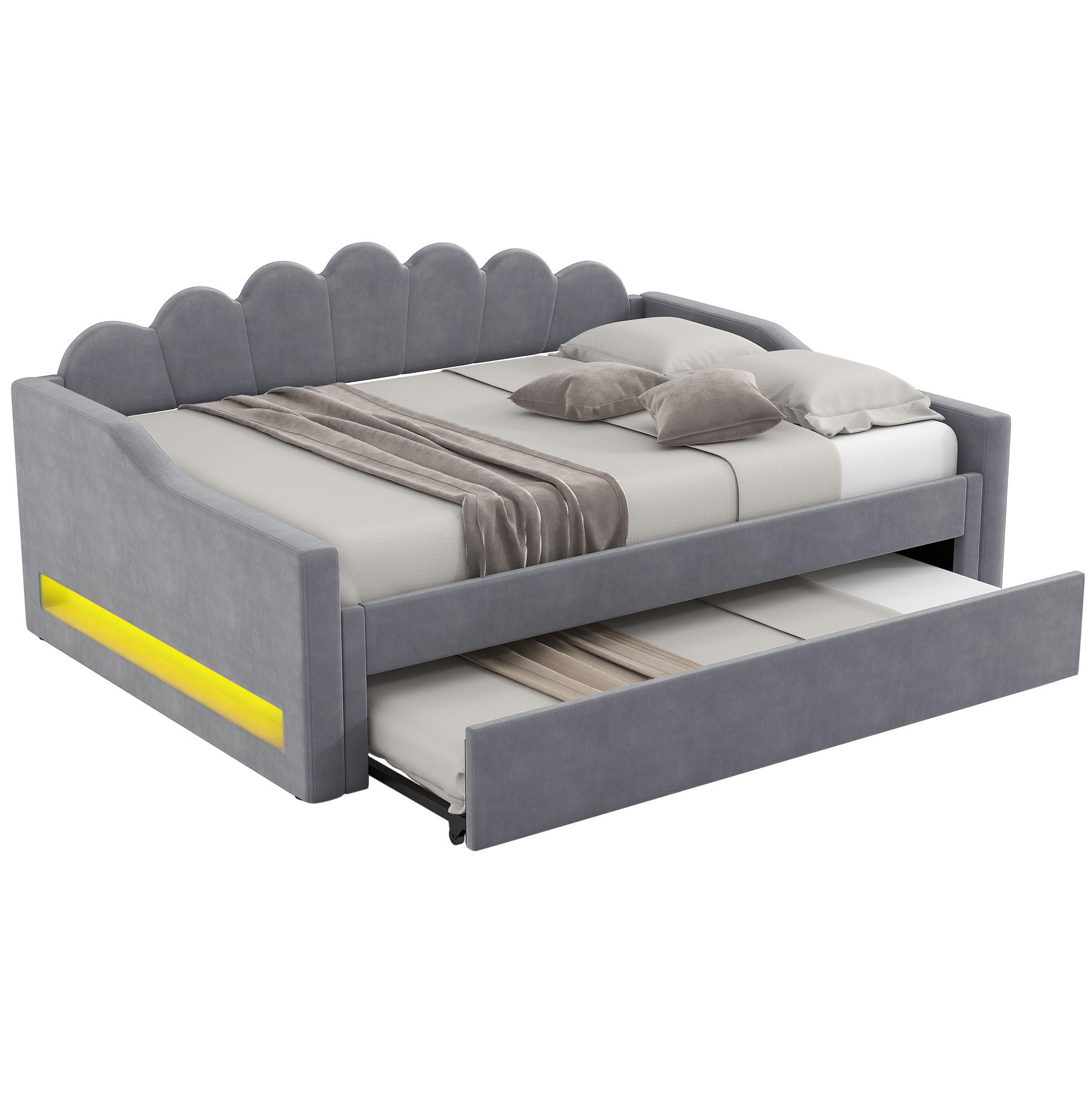 POLSTERBETT 140/200 cm mit Ausziehbett und LED-Beleuchtung in Grau - Grau, Holzwerkstoff (140/200cm) - BEAOK