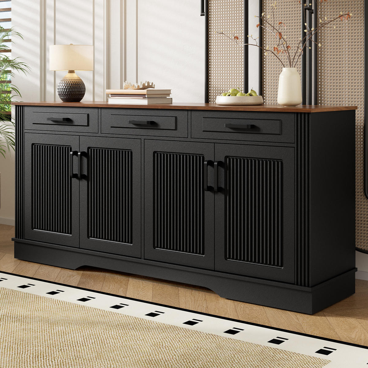 SIDEBOARD 3D Streifen MDF 3 Schubladen 4 Türen Modern Weiß - Schwarz, Holzwerkstoff (160/75/40cm) - FLIEKS