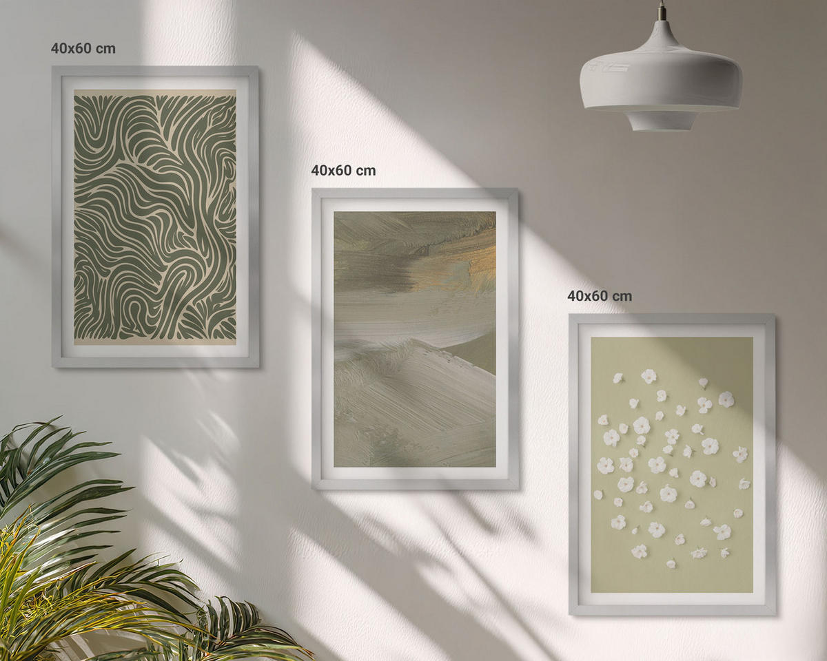 WANDBILDER 3er Set - 40x60 cm Silberner Rahmen - Abstrakte florale Wellenmuster - Silberfarben, Kunststoff (40/60cm) - ArtPrintCave