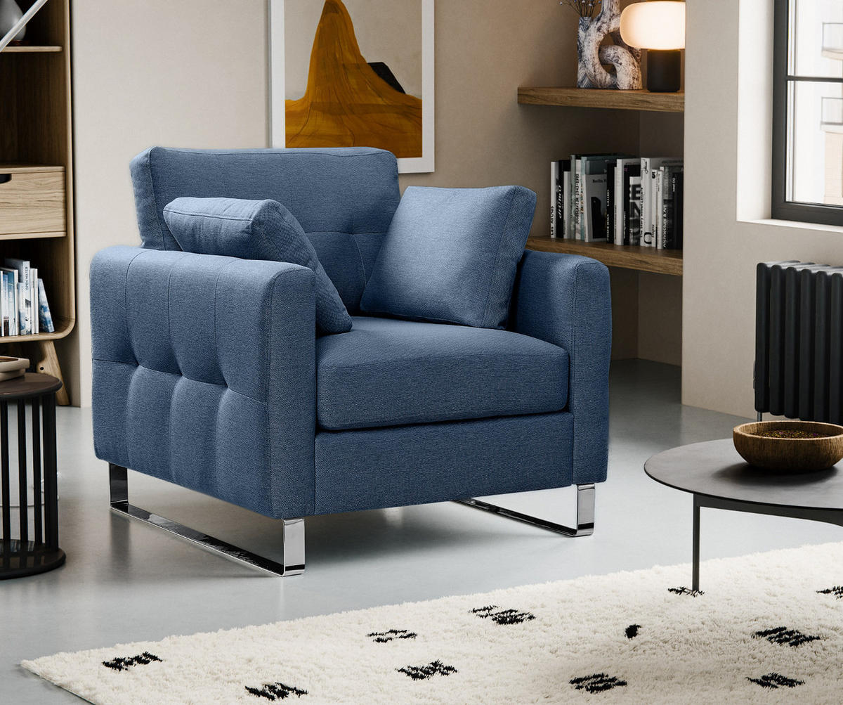 SESSEL blau Flachgewebe 93 x 94 cm, Clubsessel mit Steppoptik - Blau/Chromfarben, Holz/Textil (93/92/94cm) - Inn.Furn