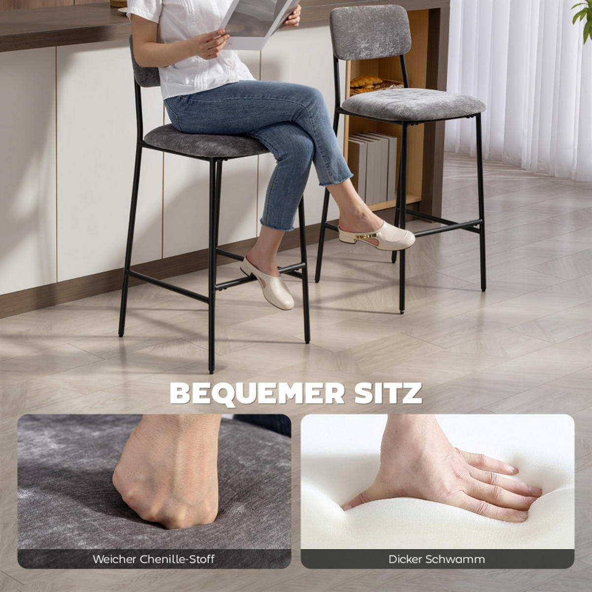 BARHOCKER DE-36063 2er Set mit Chenille-Bezug Gra - Grau, Metall (45.5/101/48cm) - ComfortXL
