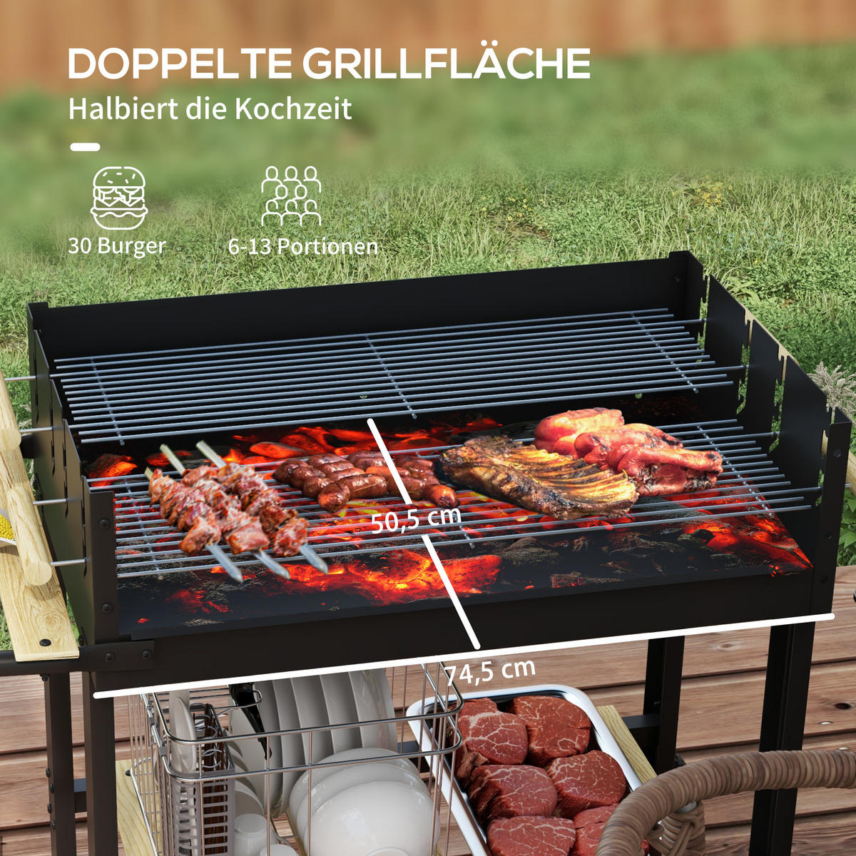 HOLZKOHLEGRILL mit Griff für BBQ, Metall, Schwarz, 113 x 53,5 x 82,5 cm - Schwarz, Metall (53.5/82.5/113cm) - Outsunny