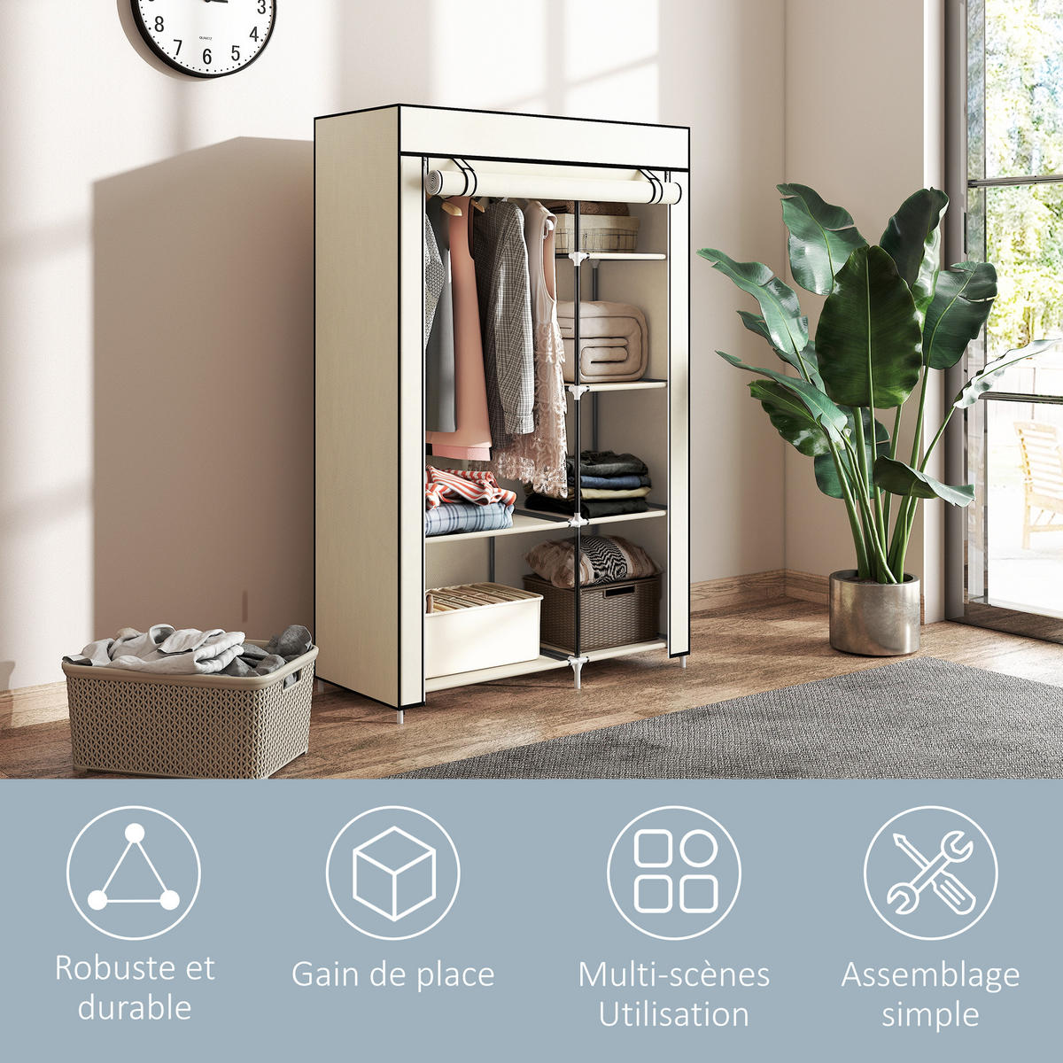 STOFFSCHRANK DE-17215 1 Kleiderstange, 6 Böden Creme - Creme, Metall (43/162.5/103cm) - ComfortXL