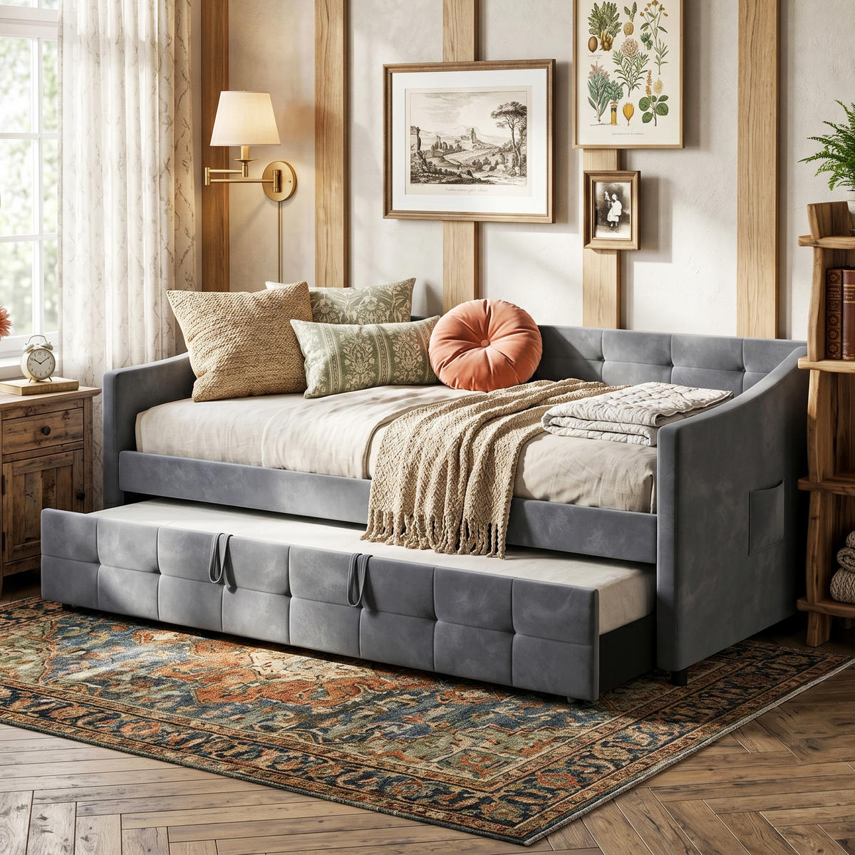 POLSTERBETT Tagesbett 90/200 cm erweiterbar auf 180/200 cm Samtoptik Grau - Grau, Textil (90/200cm) - Creahappy