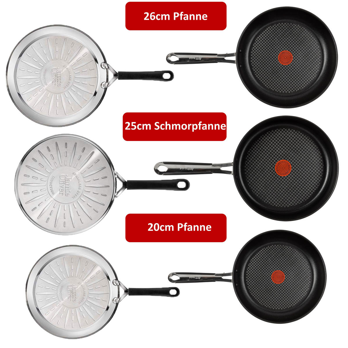 PFANNENSET – Jamie Oliver J90935 – Edelstahl Pfannenset 6-teilig, Bratpfannen und Schmorpfanne - Silberfarben, Keramik/Metall - Tefal