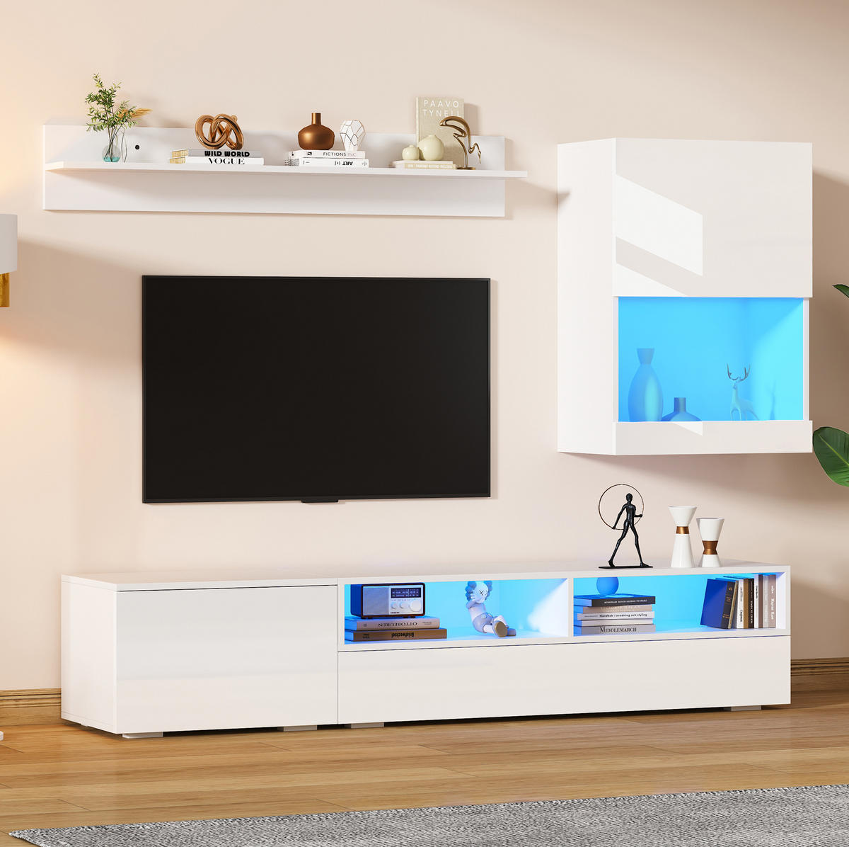 WOHNWAND / Lowboard 175/39/34 cm mit LED und Soft-Close in Weiß, 3-teilig - Weiß, Holzwerkstoff (175/34/39cm) - BEAOK