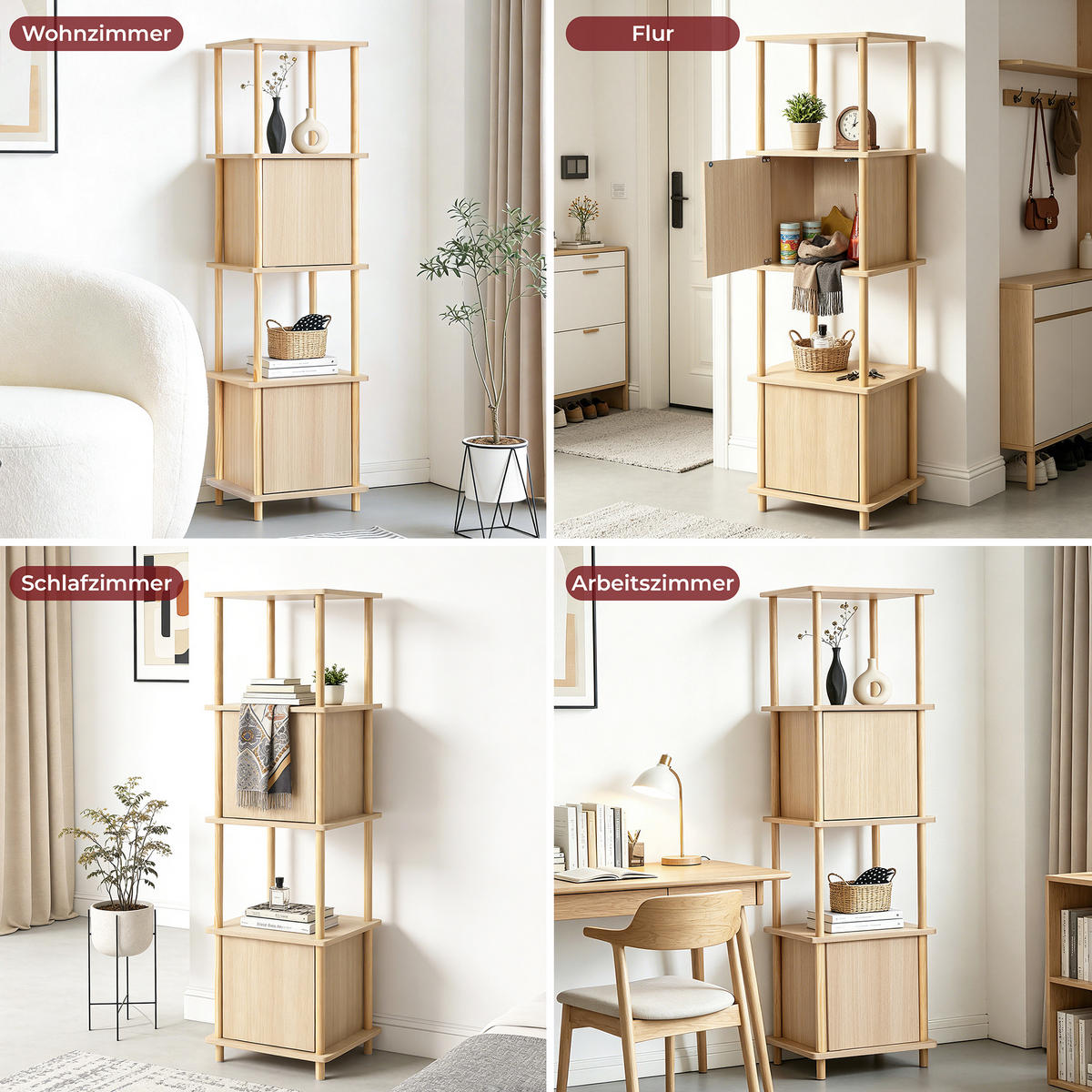 SCHMALES Standregal mit 4 Ablagen und Stauraum, Bücherregal - Alteiche, Holz (35/148/40cm)