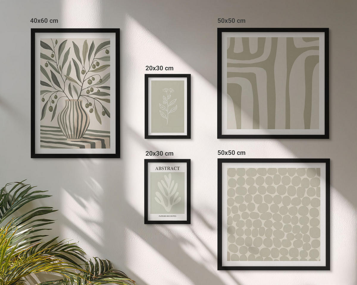 BILDER SET 5er Set - 50x50 cm & 20x30 cm & 40x60 cm Schwarzer Rahmen - Abstrakte Pflanzenmuster - Schwarz, Kunststoff (40/60cm) - TULUP